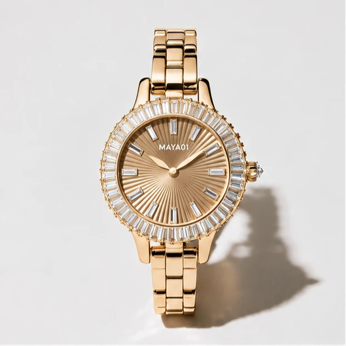 MAYA 01 Amira gold watch with a champagne sunburst dial and baguette-cut stone bezel
