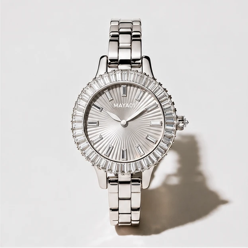 MAYA 01 Amira silver watch with a silver sunburst dial and baguette-cut stone bezel