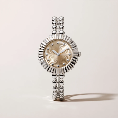 MAYA 01 cabochon silver watch with a champagne sunburst dial, fluted bezel and double bead bracelet