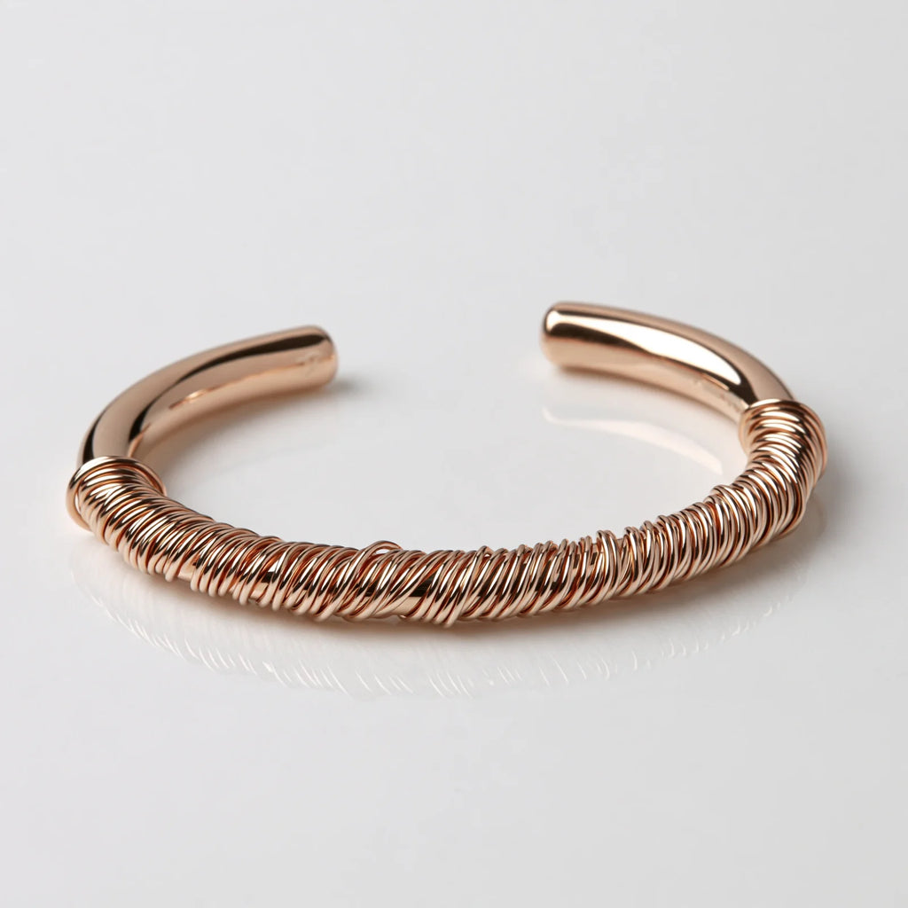 MAYA 01 Menton open cuff in Rose Gold, wrapped in fine coiled wire with smooth rounded ends