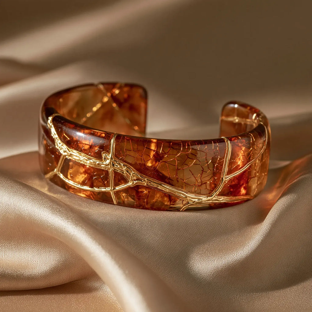 MAYA 01 Sorrento wide open cuff in Honey Amber, crackled amber traced with raised gold veins, on champagne satin