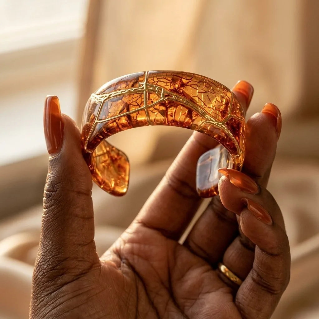 MAYA 01 Sorrento cuff in Honey Amber held up to the light, showing the glowing crackle and gold veins