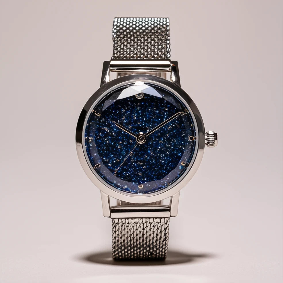 MAYA 01 Stella silver watch with a sparkling sapphire blue star-field dial and mesh strap